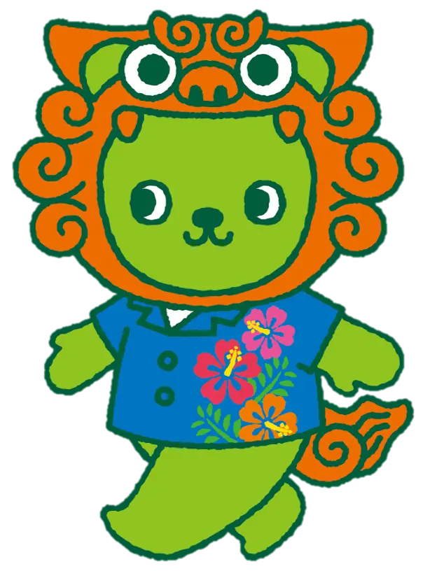 シーサーのかぶりものとかりゆしウェアを着た長野県PRキャラクター アルクマの沖縄バージョン